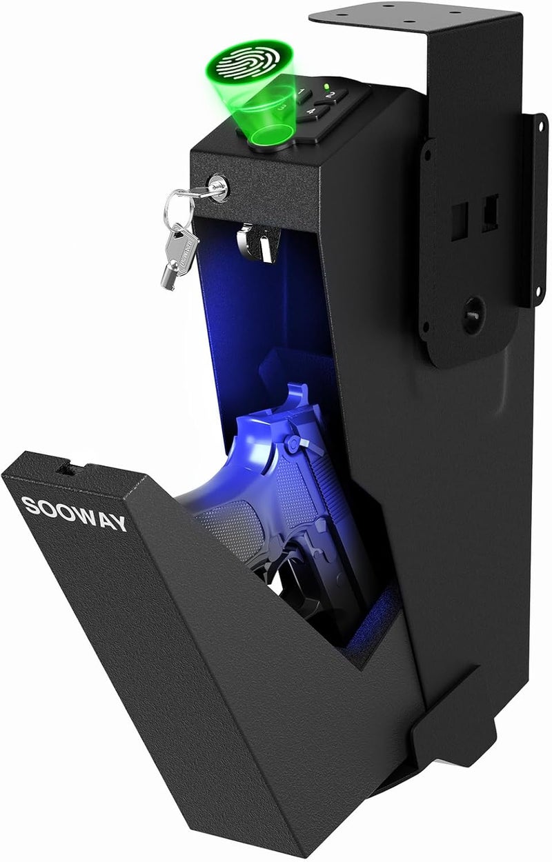 SOOWAY Gun Safe, Mounted Biometric Pistol Safe Drop Down Gun Lock Box for Handgun with 3 Ways Quick Access Bedside Pistol Case for Nightstand, Desk, Wall, Dresser - Image 1